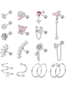 18Pcs Cartilage Earring Stainless Steel Stud Earrings for Women Men Flower Heart Leaf Hypoallergenic Screw Back Earrings CZ Tragus Couch Helix Piercing Jewelry