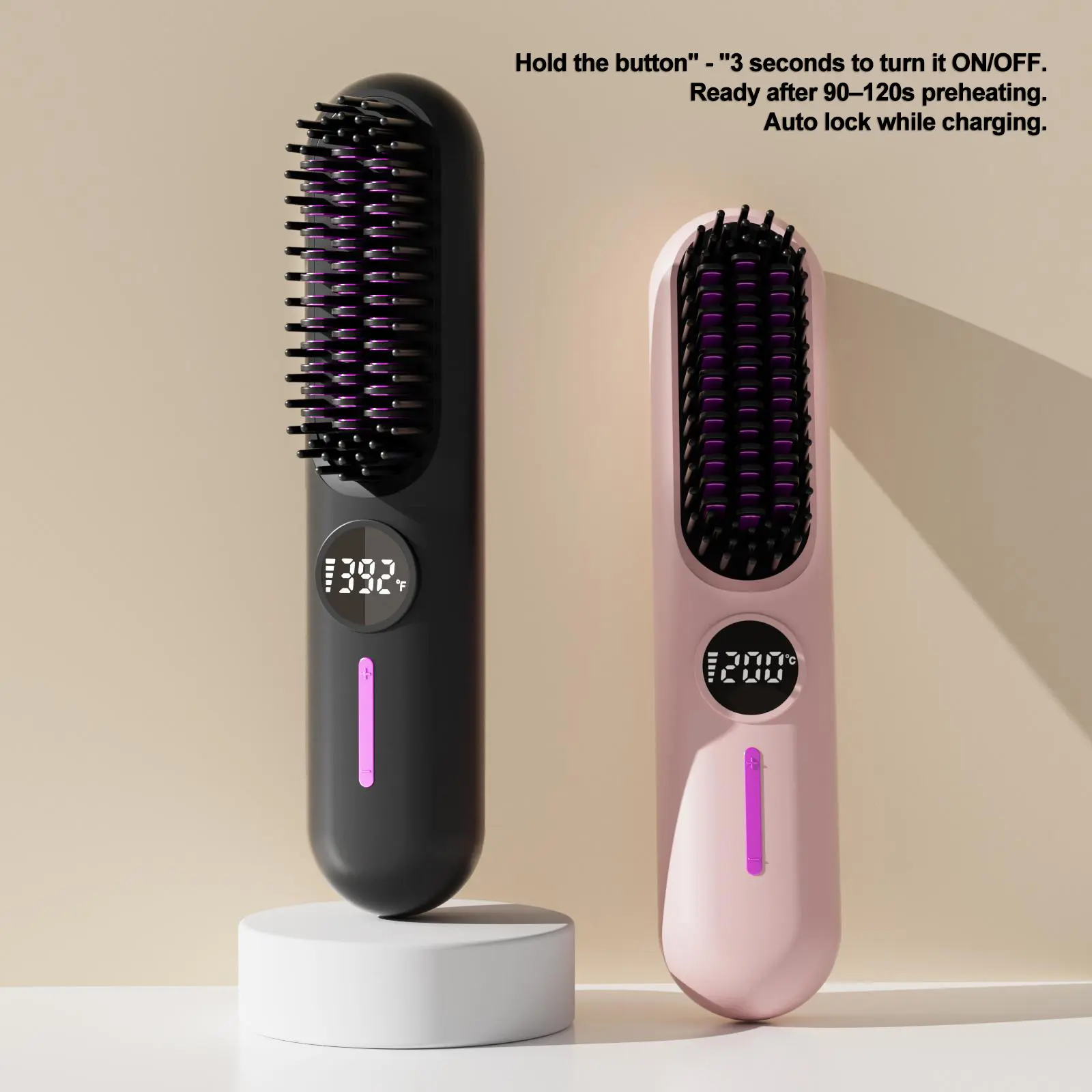 Cordless Hair Straightener Brush, Portable Mini Straightening Brush for Travel, Negative Ion Hot Comb Hair Straightener for Women, Lightweight to Carry Out, USB Rechargeable,5200mAh Batt,  7 Temp-Settings & LED Display, Black