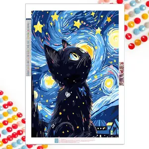Starry Night Cat Pattern Kitty DIY Diamond Arts Colorful Painting Kit without Frame, DIY 5D Diamond Arts Colorful Painting Kit, Wall Art Decor for Home, Diamond Painting Kits