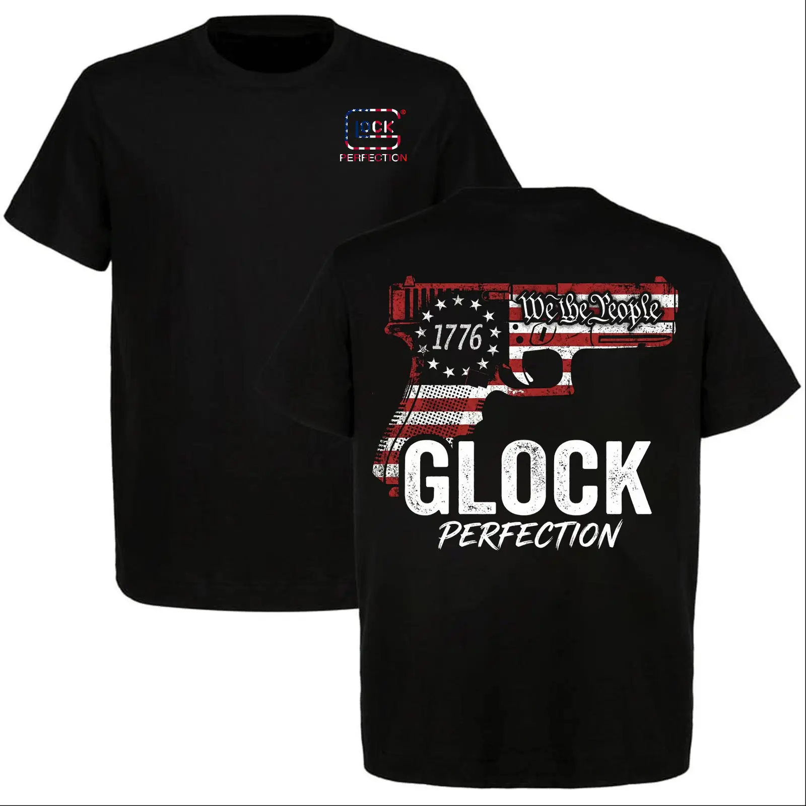 Glock Perfection 1776 We The People Short-Sleeve Casual Round Neck Fitted Cut Gun Rights Theme Patriotic Sports Top, Made in USA Gift for Gun Lovers, Everyday Outfit Clothing, Shortsleeve, Machine Wash RidgeHiker