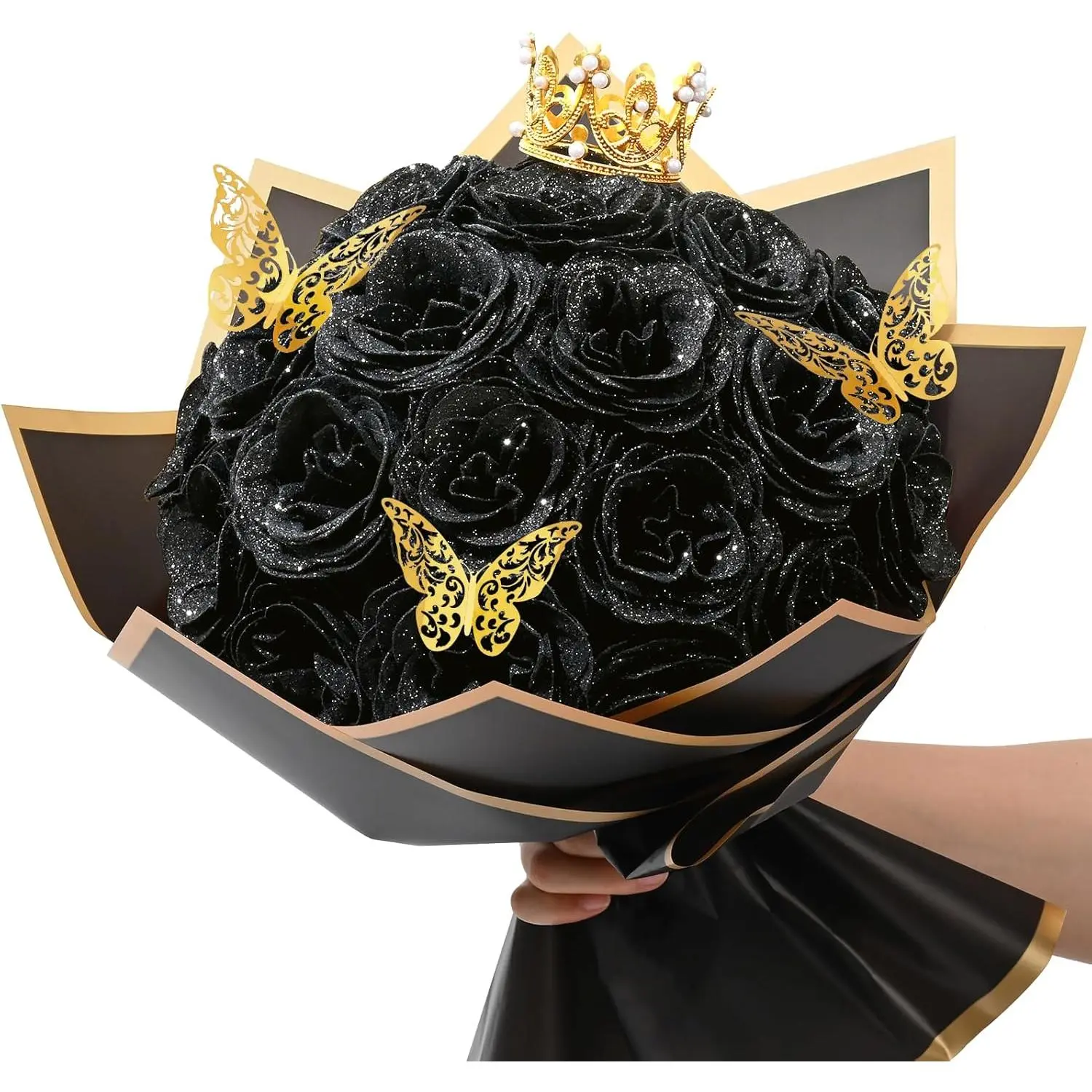 24 count Glitter Roses Bouquet, DIY   Bouquet, Artificial Black Rose Bouquet for Valentines, Mothers Day Gifts, Anniversary, Engagement, Wedding