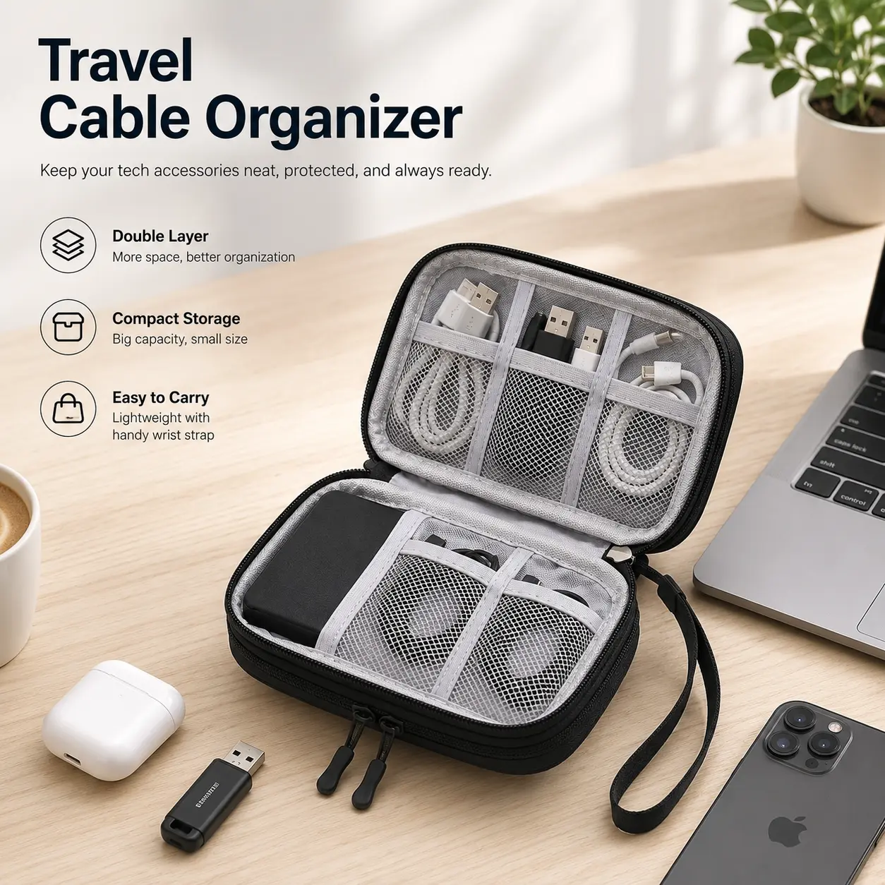 Double Layer Fabric Tech Storage Bag - Compact, Anti-Tangle, Multi-Compartment Organizer Pouch for Chargers, Earphones, USB Cables, Phone Accessories; Digital Nomad Travel, Home Desk Clutter Control Essential