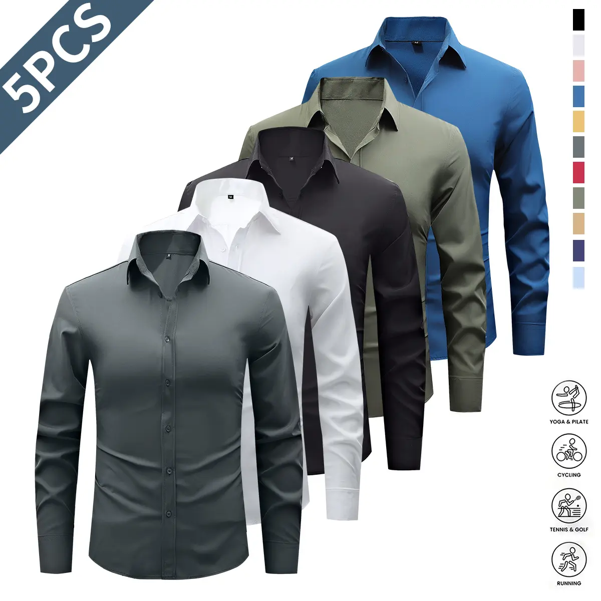 5 Pack Men's Dress Shirts - Wrinkle-Free Point Collar Long Sleeve Business Shirts, Solid Color Regular Fit H-Cut, Soft & Comfortable Fabric, Suitable for Work, Parties, Office 5 Pack Men's Dress Shirts - Wrinkle-Free Point Collar Long Sleeve Business Shirts, Solid Color Regular Fit H-Cut, Soft & Comfortable Fabric, Suitable for Work, Parties, Office
