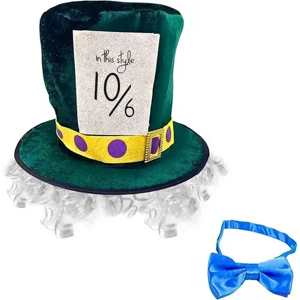 4E's Novelty Mad Hatter Costume Set – Velvet Top Hat, Wig & Bowtie