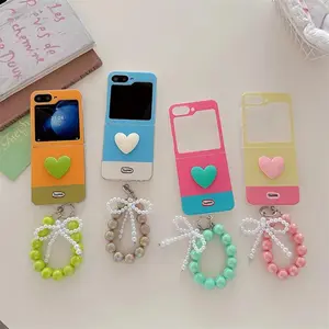 Korean Color Cute Love Phone Case For Samsung Galaxy Z Flip 7 6 5 4 Flip6 Flip7 Cover with Chain Kawaii Hard Cases ZFlip7 Funda