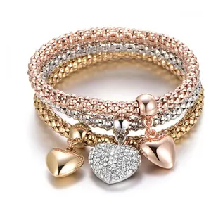Crystal Charms Multilayer Bracelets - 3PCS Gold/Silver/Rose Gold Corn Chain Bracelet for Women, Tree of Life Heart Shaped Stretch Bracelet