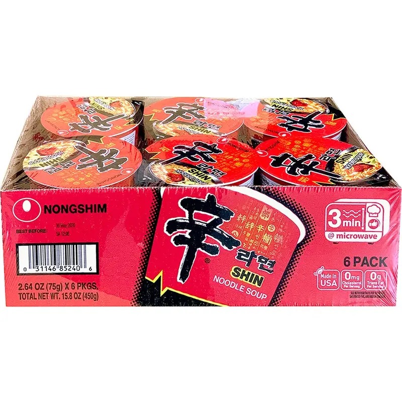 Nongshim Shin Classic Ramen Cup 6pk Instant Noodle - Spicy Korean Ramyun Flavor Chewy Noodles in Savory Broth - Perfect for On-the-Go Meals
