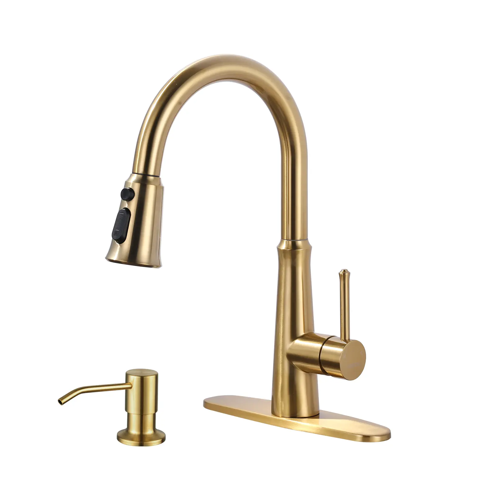 WOWOW Glam Classic Rustic Gold Single Handle High Arc Stainless Steel Kitchen Faucet - 3 Water Flow Modes Pull Down Sprayer, Pause Mode, 360 Rotation, Deck Plate for 2/4 Hole Sink, 1/2" Adapters, 3/8" Female Compression Thread (for Garden Use)