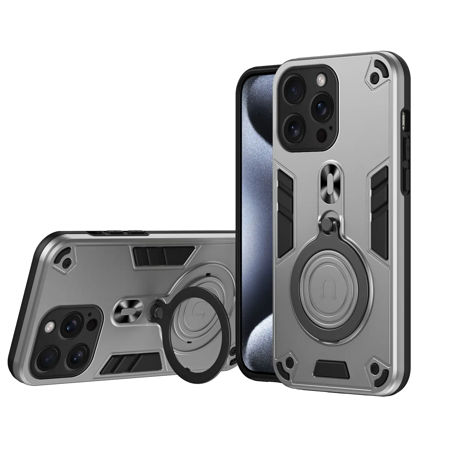 Mecha-Style Dual-Layers PC+TPU Smartphone Case with Metal Reinforcement, Soft Bumper, Impact Protection, 360° Rotating Adjustable Kickstand, Built-in Magnetic MagSafe for iPhone 16/15/14 Series (Black/Blue/Gray) Plus Pro Max Mobile Phone Accessories