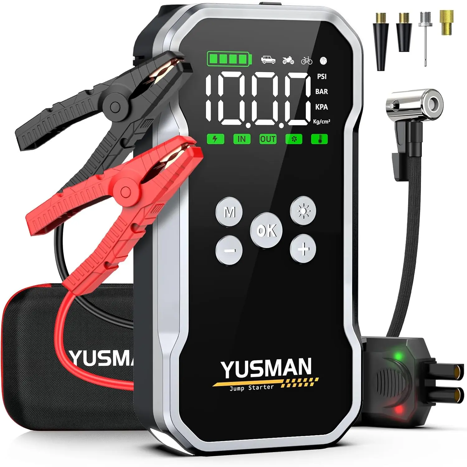 Jump Starter with Air Compressor, 8000A 160PSI Battery Booster Pack | For 12V vehicles, 10.0L gas and 7.0L diesel, with display, smart clamps, tire inflator, 2 B-A ports, and 2 LED lights