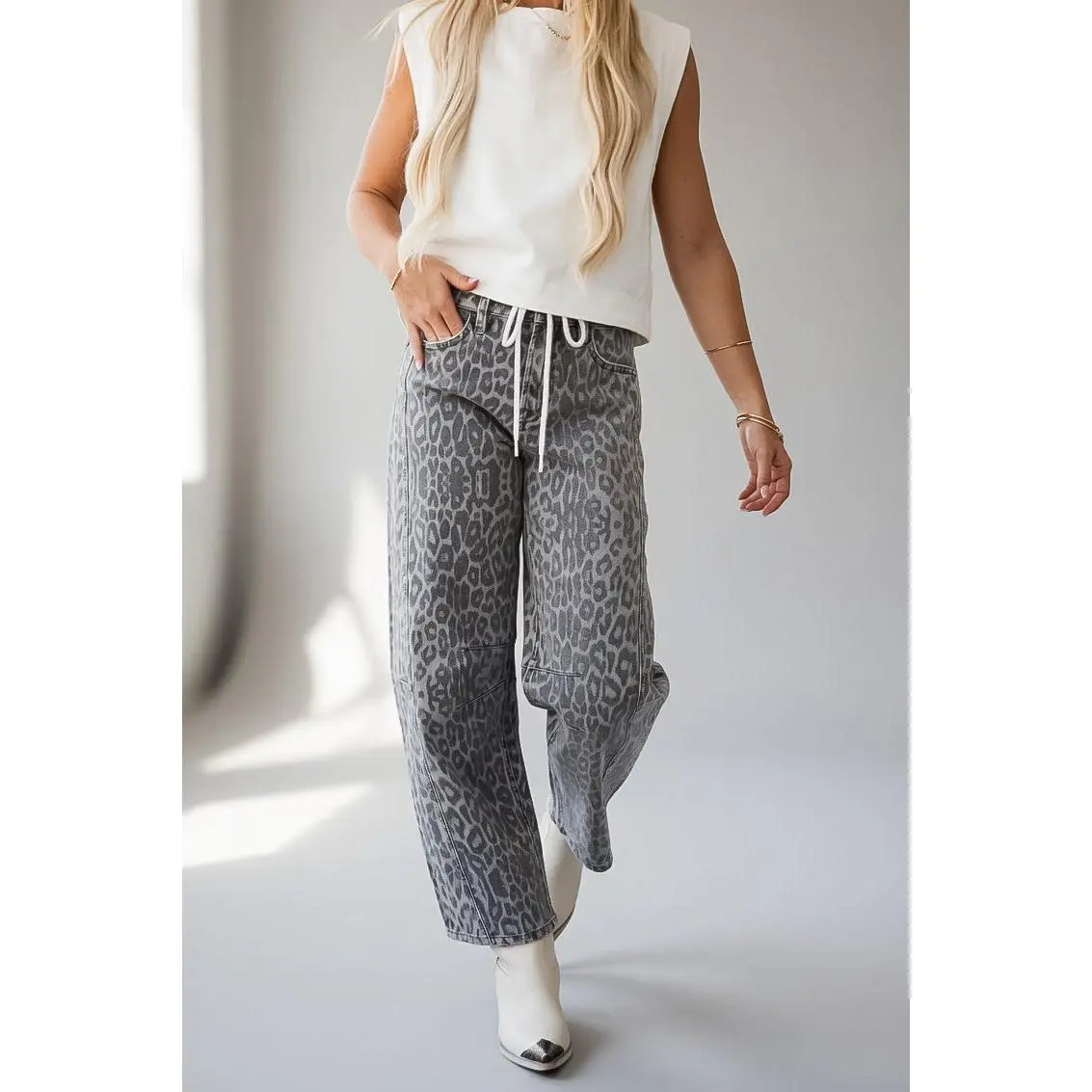 Morgan Leopard High Waist Barrel Leg Jeans