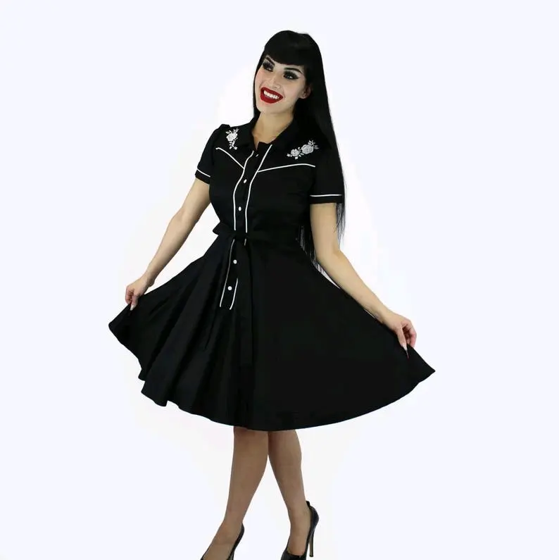 Black Dress with White Rose Embroidery Vintage Rockabilly Western Country Women Dress XS-3XL