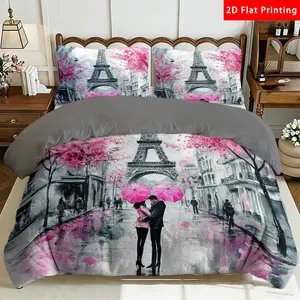 2/3 Pcs 2D Flat Parisian Romance Eiffel Tower Milk Velvet Duvet Cover Set，Pink Blossom Bedding Set Quilt Cover 1 Duvet Cover + 1/2 Pillowcases，Romantic Paris Street Scene Top Sheet Decorative Bedding Bedroom Decor The Preferred Pick for Bedding