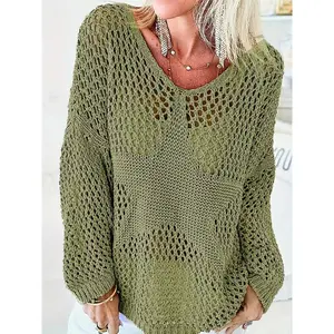 Women's Plain Hollow Out Sheer Drop Shoulder Crochet  Sweater, Casual Long Sleeve Crew Neck Jumper for Summer, Fashion Women's Knitwear for Daily Wear(Sheet)