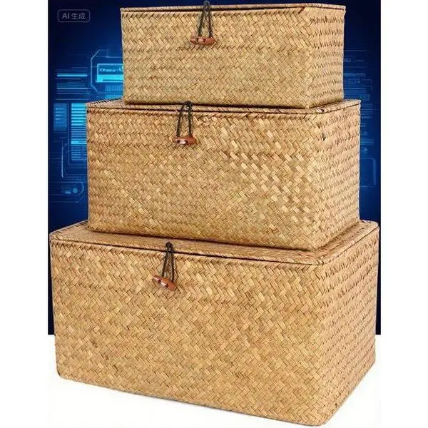 Set of 3 Wicker Rectangular Seagrass Storage Baskets with Lids, Handmade Eco-Friendly Stackable Home Organizer Bins, Boho Farmhouse Decorative Shelf Containers for Home Use