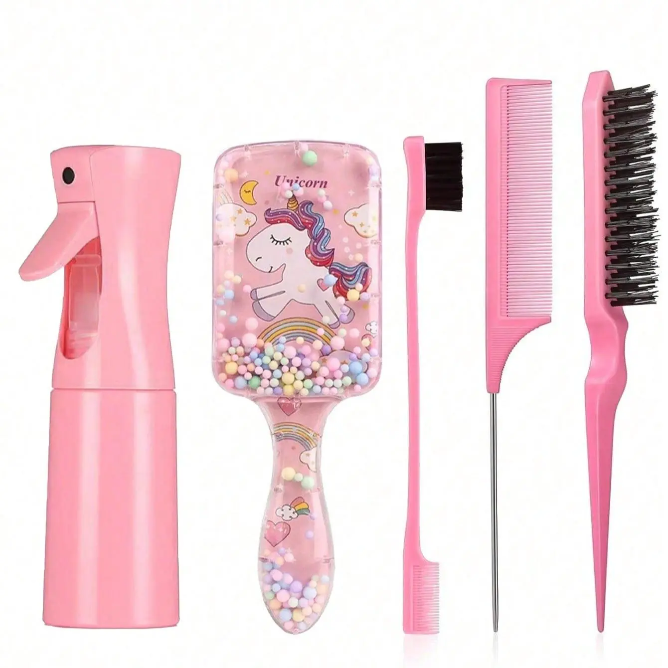 Unicorn Design Hair Styling Set, Hair Care Tool, Includes Comb, Brush, Spray Bottle, Hair Clips and Hair Ties, Heatless Styling Kit for Women and Girls