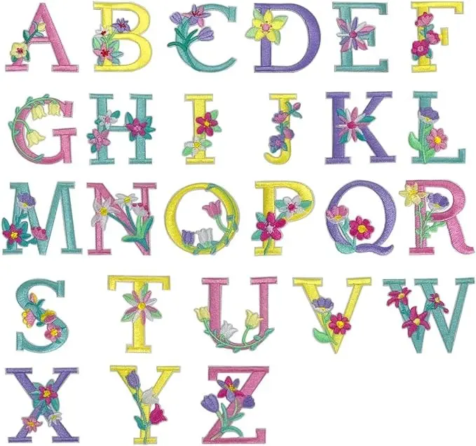 26Pcs A-Z Embroidery Alphabet Patches， Self-Adhesive Sew or Iron on Repair Flower Plant Letter Patches for Clothing Shirts Jackets Hats Jeans Shoes Bags Decors
