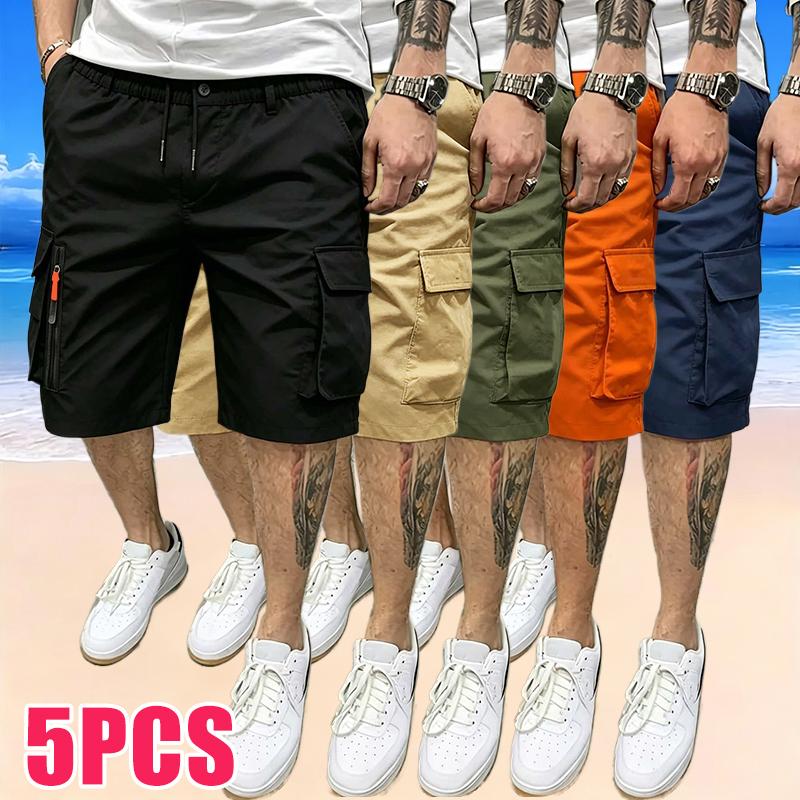 5-Pack Men&rsquo;s Sport Casual Cargo Shorts &mdash; Multiple Pockets, Drawstring Elastic Waist, Decorative False Zipper; Suitable for Outdoor Hiking, Daily Running, and Commuting