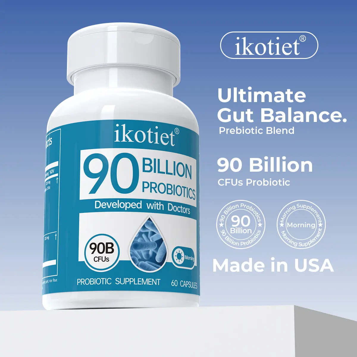 ikotiet Full-Spectrum Probiotic Formula [Daily Use] High-Purity 90 Billion CFU | Multi-Strain + Organic Prebiotics | Digestive Support + Daily Comfort | Non-GMO | Gluten-Free | 120 Capsules