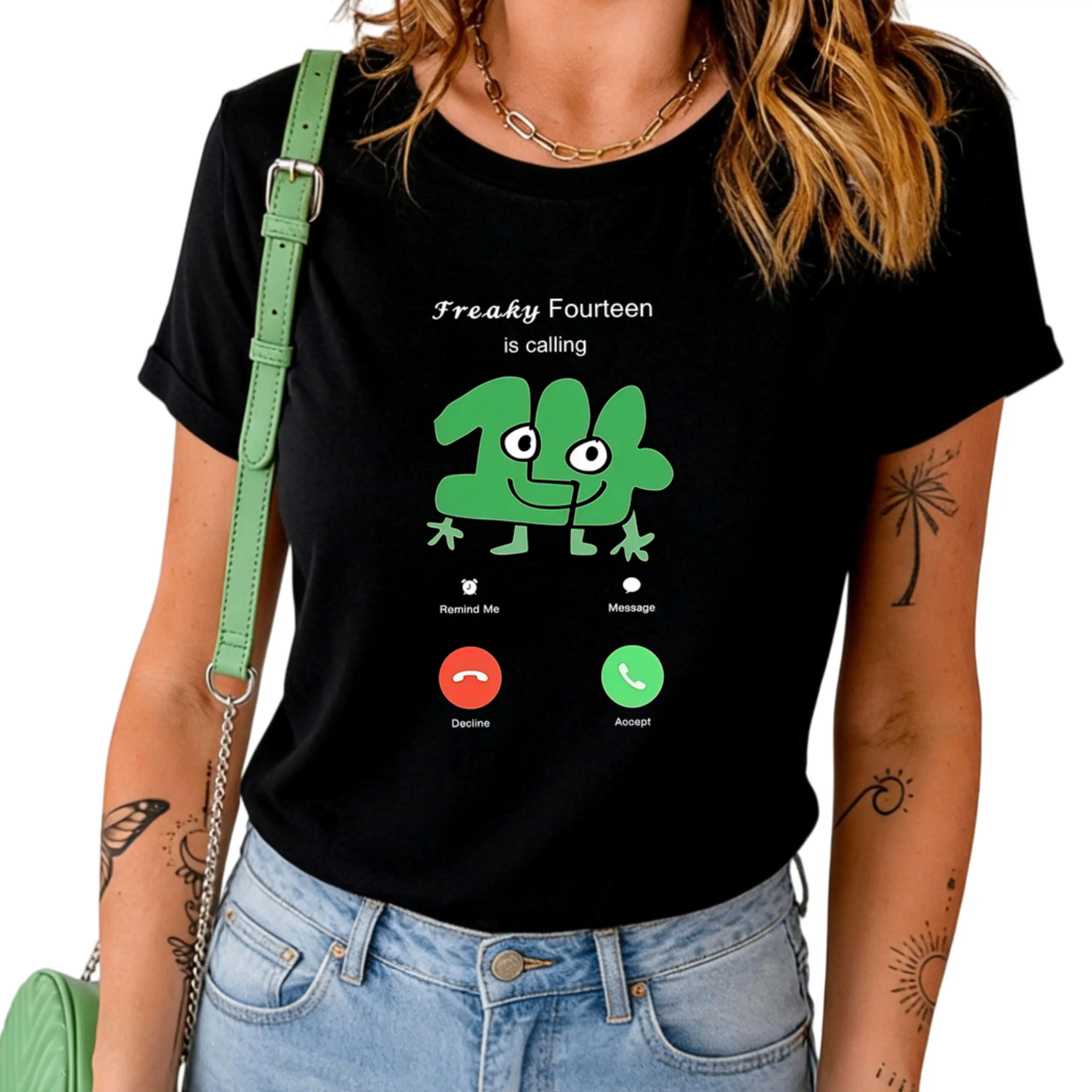 Classic Loose Fit Cotton Crew Neck T Shirt With Funny Incoming Call Layout And Smiling Anthropomorphic Fourteen Digit Art Print With Birthday Themed Script Above Unisex Short Sleeve Everyday Teen Humor Graphic Street Style Tee