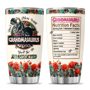 Grandmasaurus Leopard Rose Floral Tumbler 20oz with Lid and Straw - Best Grandma Ever Cup - Bottle, Drinkware Stainless Water Bottles