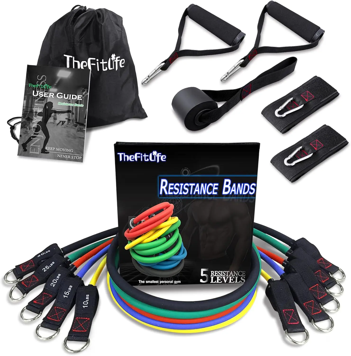 Ultimate At-Home Resistance Band Kit: 5 Stackable Tubes, Large Foam Handles, Door Anchor for P90X, HIIT & Total Body Tone TheFitLife
