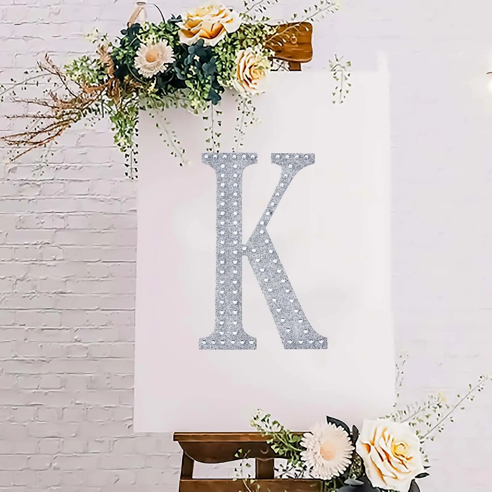 Decorative Rhinestone Alphabet "K" Letter Stickers 8", Silver Glitter Adhesive Craft Letters - DIY Sparkle Embellishments