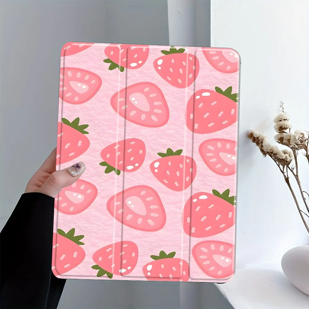 Cute Pink Strawberry iPad Tablet Case for Girls, Protective Tablet Cover, with Pencil Holder, Triple Fold Stand, Auto Wake/Sleep, Full Shockproof Protection, Fits All iPad Models (7.9-13 inch), Perfect for School & Daily Use