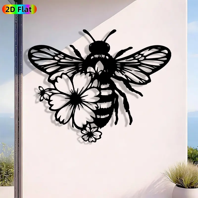 1pc Romantic Bee and Flower Metal Wall Art, Romantic Bee and Flower Statue Mural, Iron Craft, Perfect for Living Room, Garden, Indoor/Outdoor Decor, Artistic Metalwork, Intricate Craftsmanship, Valentine's Decor, Ideal Gift for Nature Lovers