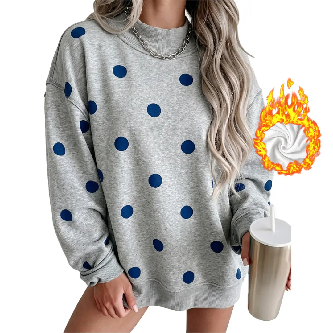 2026 Autumn Winter Warm Pullover Sweatshirts for Women, Mock Neck Loose Fit Polka Dot Print Thick Fleece Lined Casual Basic Tops