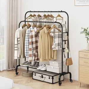 Double Rod Clothing Rack with Wheels 3 Tier Garment Racks for Hanging Clothes Portable Clothes Rack with 6 Hooks for Bedroom Laundry Room Heavy Duty Cart Black Metal Organizer Furniture Storage Hangable Shoe