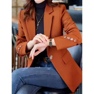 Blazer with notched collar and front button closure; elegant long-sleeve blazer for office and work; women’s minimalist basic comfort wear