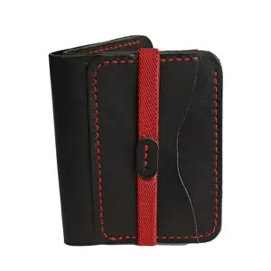 Handmade Vertical Bifold Leather Wallet – Black with Red Stitching, Slim Card & Cash Holder