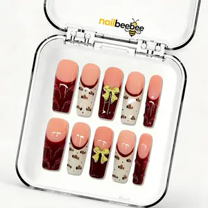 Burgundy Bow Dalmatian French Burgundy French Tip Press On Nails, Long Square 3D Gold Bow Dalmatian Print Fake Nails, Handmade Reusable Acrylic Nails for Women