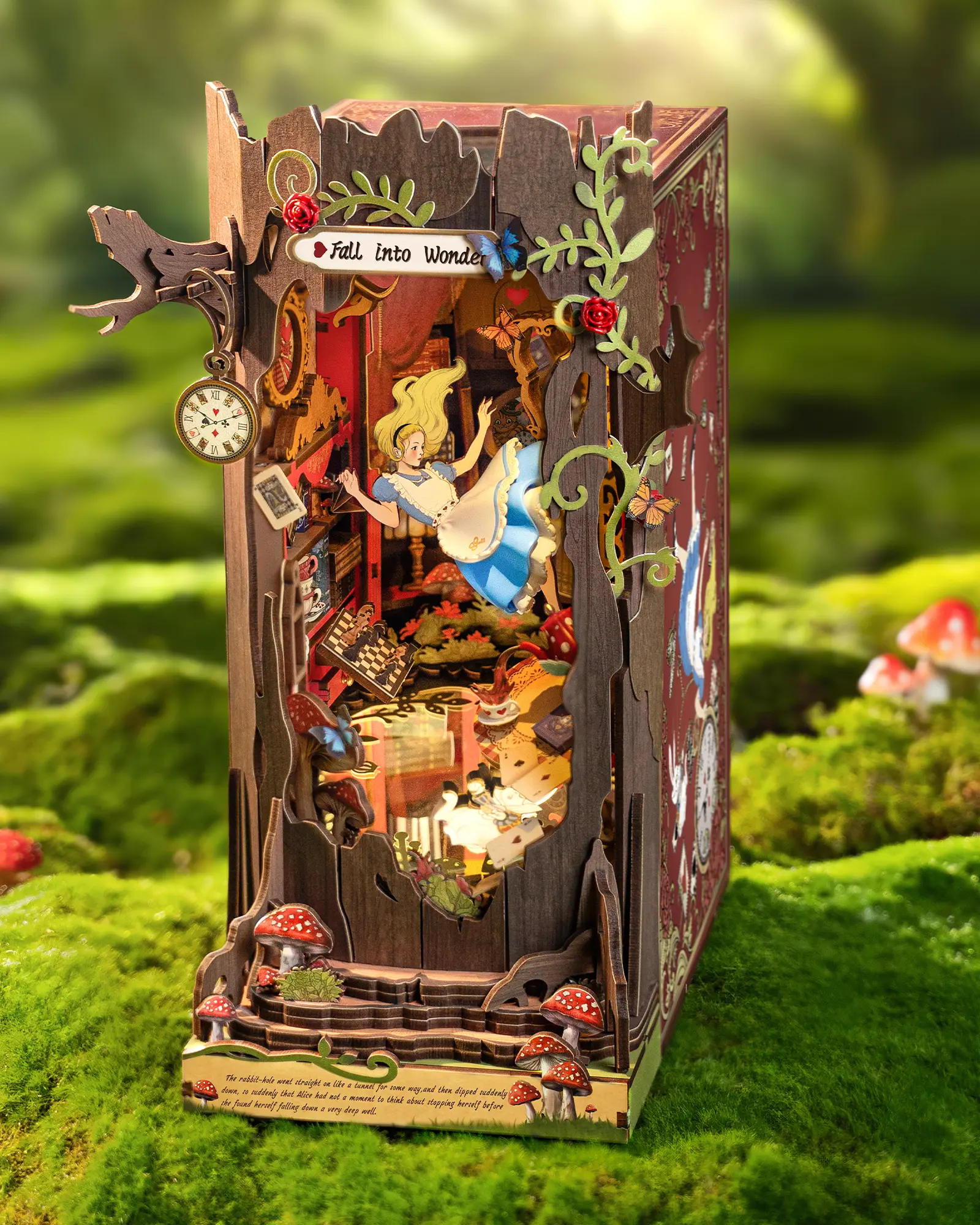 Rolife Wonderland 3D Wooden Puzzle Book Nook Kit, 9.9in Unisex DIY Luminous Miniature with LEDs, Holiday DIY Woodwork Craft for Adults, Fairy Tale Bookshelf Decor