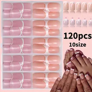 120 pieces of French- white-edge nail art pieces, pure color finger and toe nail acrylic nails, shiny fake nails, fully covering, suitable for women's nail art. Manicure medium square foot press full cover short holiday glossy fashionable sweet wide