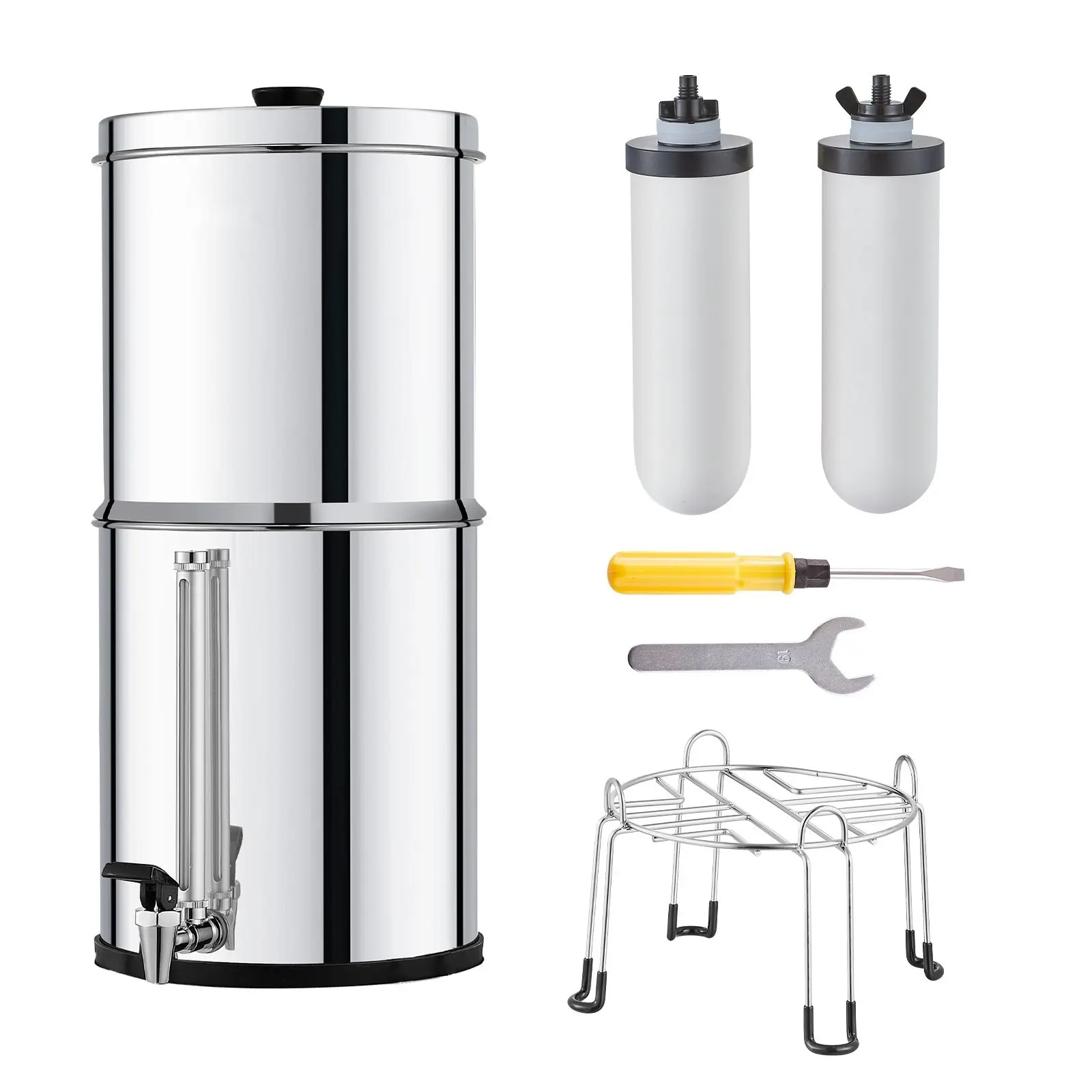 2.25-Gallon Gravity-Fed Water Filter Countertop System In Stainless Steel With Two Replacement Filters For Home Drinking Water Purification, Easy Installation, Space-Saving Design, Removes Chlorine Tastes And Odors