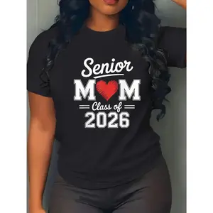 100% Cotton Unisex Senior Mom Class of 2026 Proud Parent Graduation Tee T-Shirt Graphic Printed Casual Round Neck T shirt