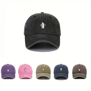 Penguin Embroidered Baseball Cap Vintage Washed Distressed Cotton Peaked Hats Y2K Style Unisex Adjustable Lightweight Sunshade