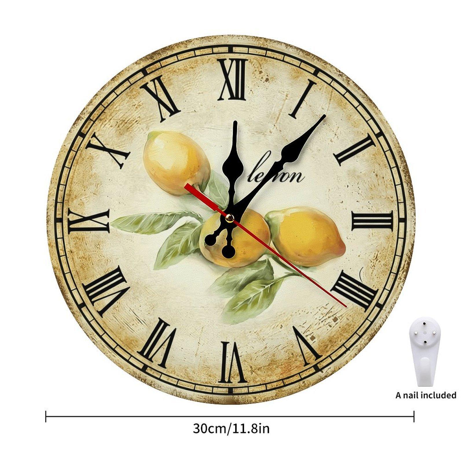 12 Inch Vintage Lemon Roman Numeral Wooden Wall Clock | Silent Non-Ticking Rustic Farmhouse Kitchen Decor, No Battery Included, Perfect for Kitchen, Dining Room, Sunroom