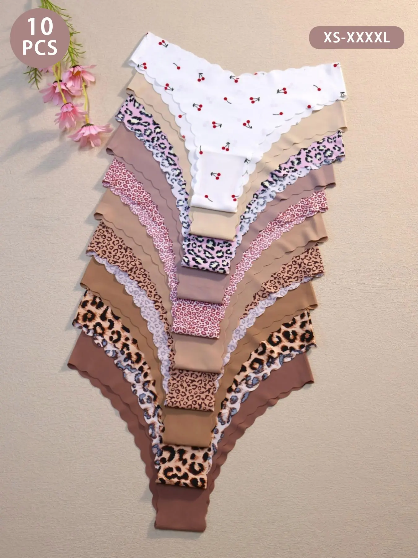 Women's Winter Panties 10 Pack, Seamless Underwear Panties, Seamless Panties Set, 5 Solid Colors + 4 Leopard Prints + 1 Cherry Print, Seamless, Fitted, Moderate Fabric, All Seasons, Scallop Trim Panty, Seamless Knitting Knicker
