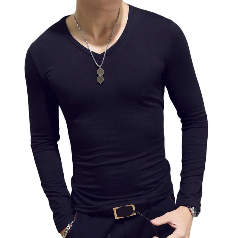 Mens Clothing Fashion V Neck Slim Fit T-shirt Long Sleeve Simple ...