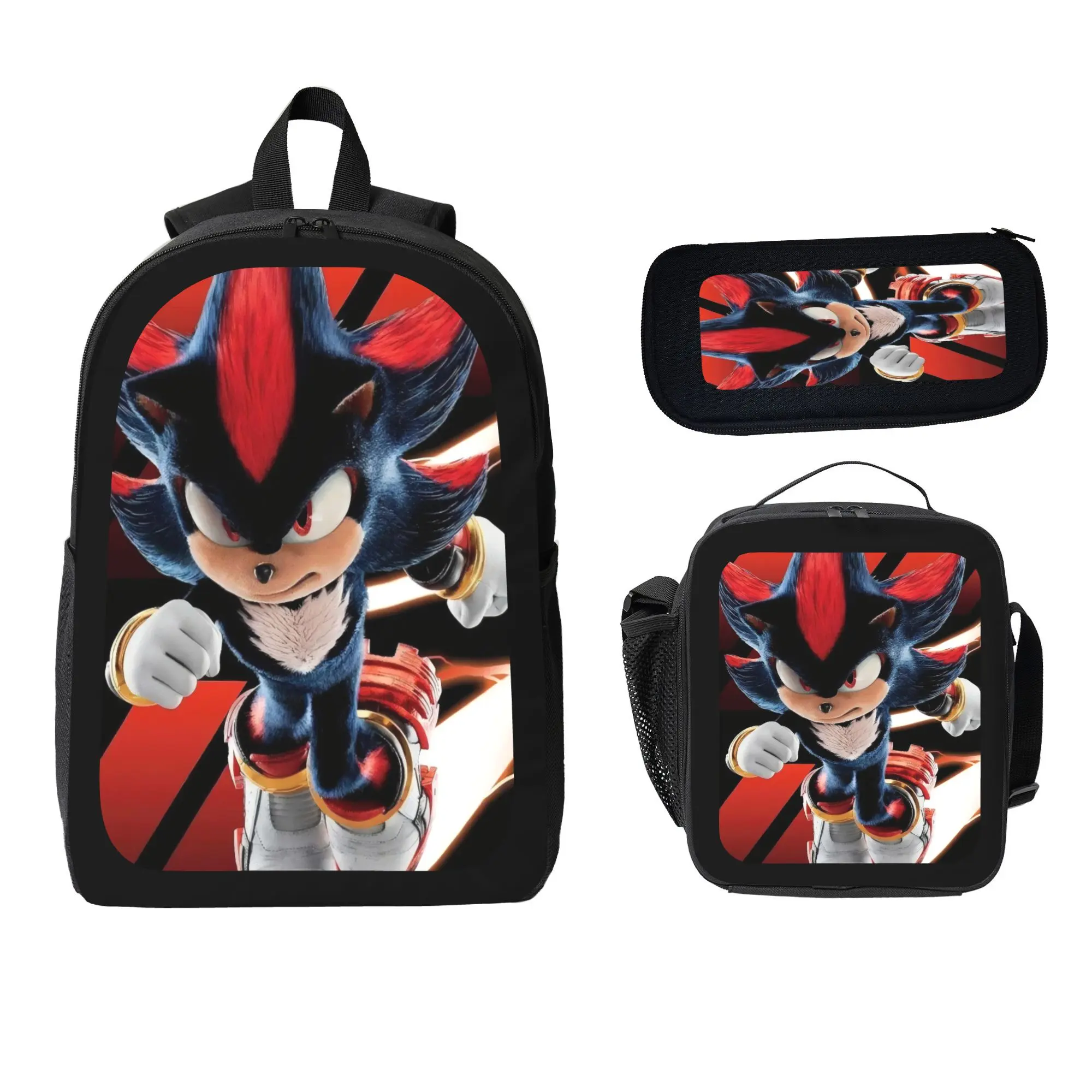 3-in-1 School Backpack Bookbag with Lunch Bag, Dark Style Cartoon Hedgehog Student Class Backpack for Teens & Kids, Fits 16" Laptop, Casual Outings, Dark Style Hedgehog