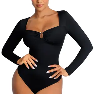 FeelinGirl Body Suits for Womens Long Sleeve Thong Shapewear Bodysuit Sweetheart  V Neck Top Shirt Black/White Fabric Nylon