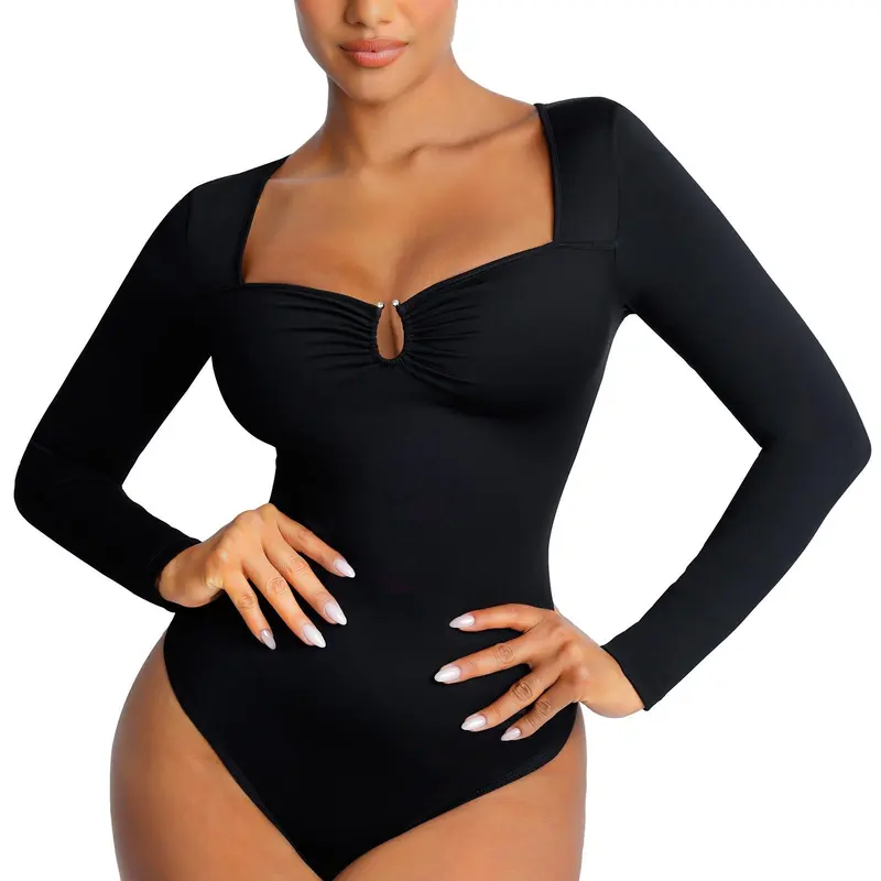 FeelinGirl Body Suits for Womens Long Sleeve Thong Shapewear Bodysuit Sweetheart V Neck Top Shirt Black/White Fabric Nylon