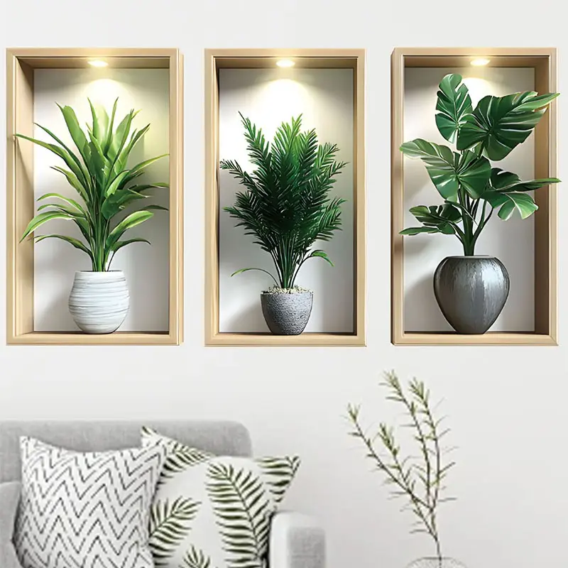 3D Plant Wall Sticker, Plant Wallpaper, Peel and Stick 3D Art Decal, Ideal for Living Room, Bedroom, Hallway, Sofa Background, Yoga Room Decor