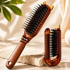 Foldable Boar Bristle Comb, Portable Travel Hair Brush, Head Massage Comb for Men and Women, Small Meridian Comb, Volumizing Hair Care Tool