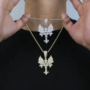 Iced Out Fleur De Lis Wing Pendant Necklace for Men Women, Golden and Silver CZ Cross Charm Chain, Hip Hop Bling Streetwear Statement Jewelry Gift