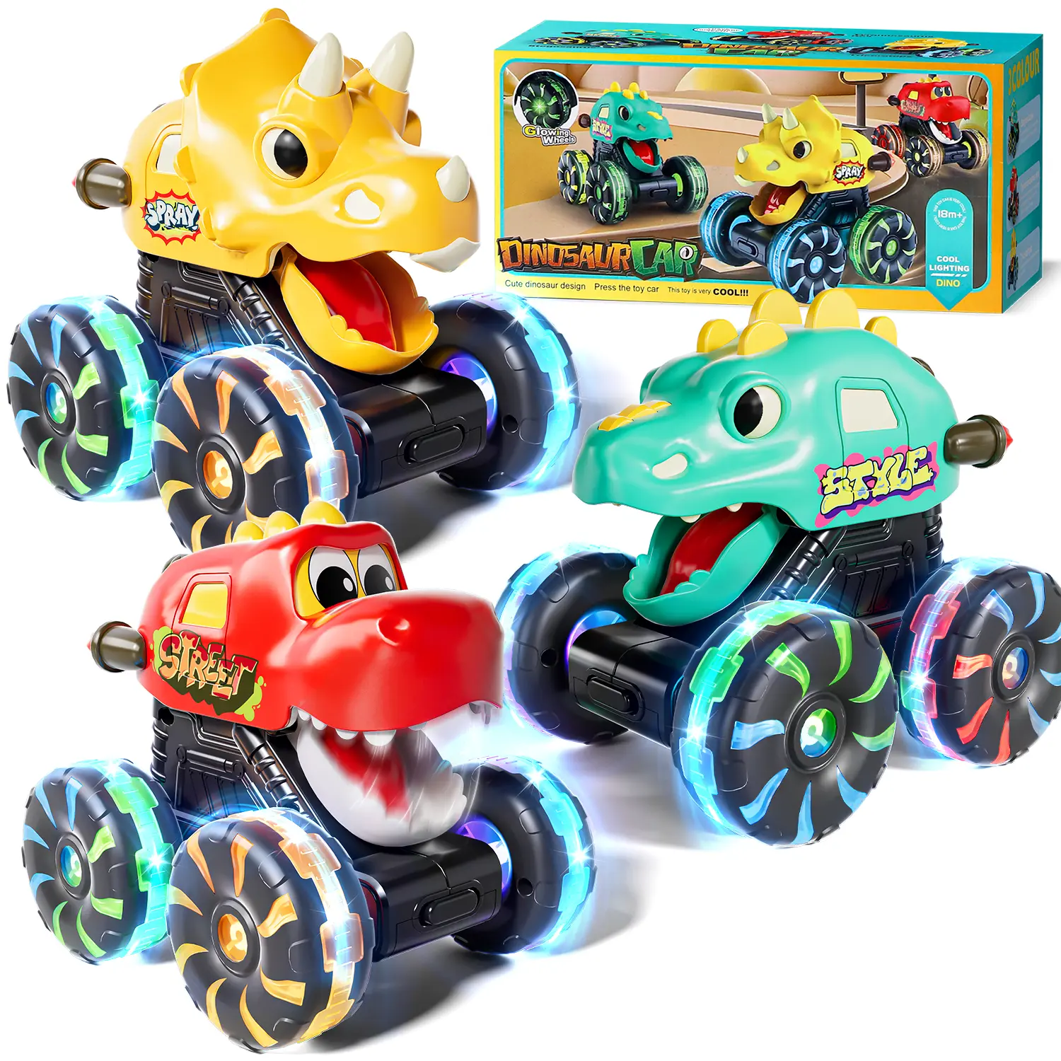 3 Pack Monster Truck Toy Motion Activated Light-Up Cars Press & Go Cars for Boys Girls,  Kids Toy Present BUMP MONSTER TRUCK SET Ride On Car with LED Lights & Action
