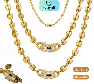 Stainless Steel Cuban Chain Necklace—6/8/10mm coffee bean chain with a curved S-hook, hip-hop style, versatile and practical design for men, perfect as a gift